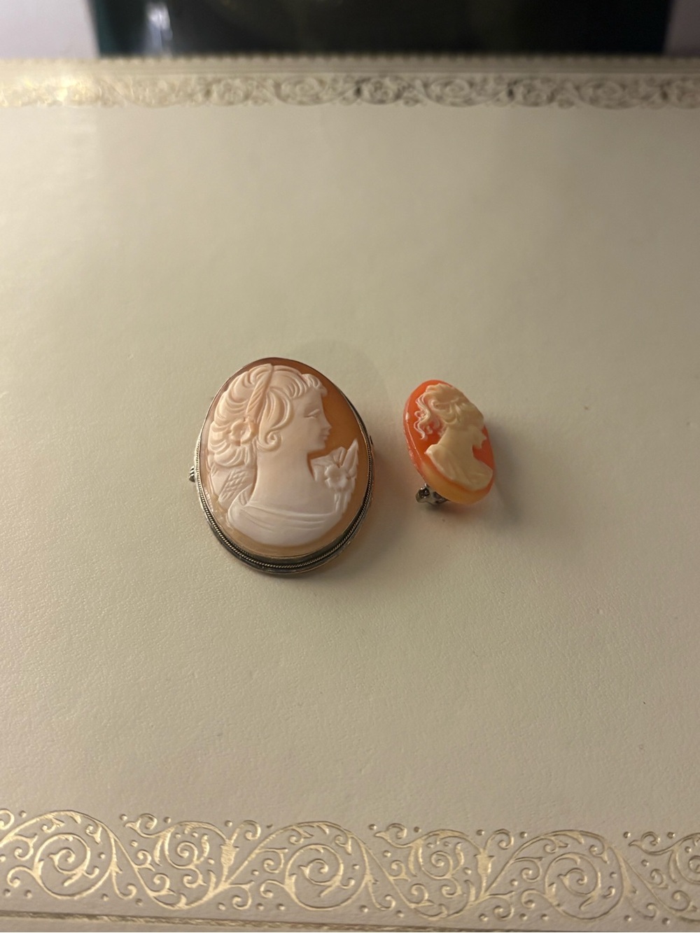 Vintage Cameo Brooch/Pendant and Smaller Vintage Brooch in Cream and Orange